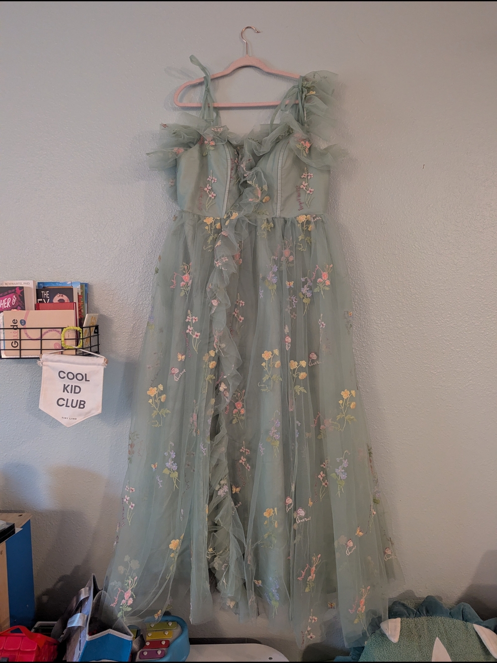 Sage Green Floral Embroidered Tulle Formal Dress with Ruffle Bodice